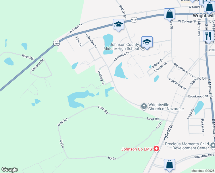 map of restaurants, bars, coffee shops, grocery stores, and more near Loblolly Drive in Wrightsville
