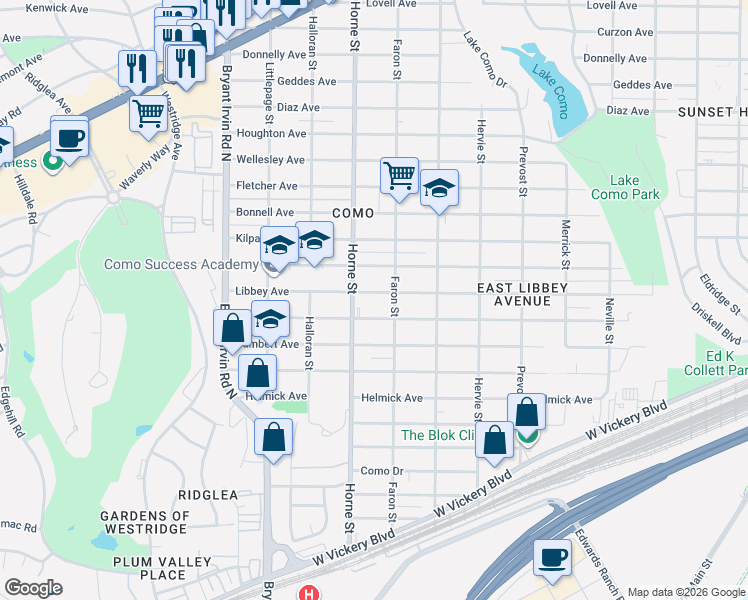 map of restaurants, bars, coffee shops, grocery stores, and more near 5612 Libbey Avenue in Fort Worth