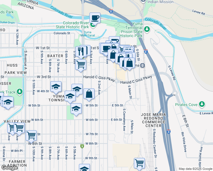 map of restaurants, bars, coffee shops, grocery stores, and more near 360 South 1st Avenue in Yuma