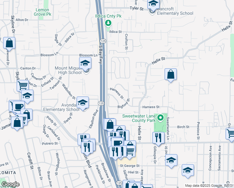 map of restaurants, bars, coffee shops, grocery stores, and more near 8631 Harness Street in Spring Valley