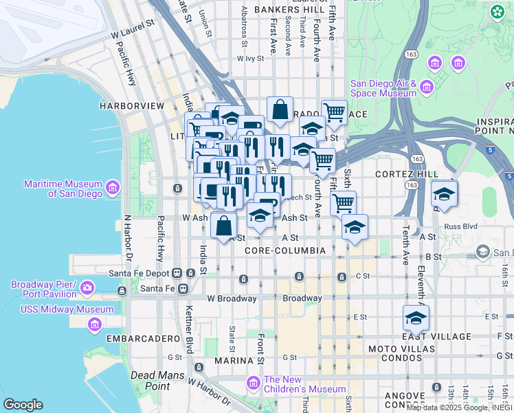 map of restaurants, bars, coffee shops, grocery stores, and more near in San Diego
