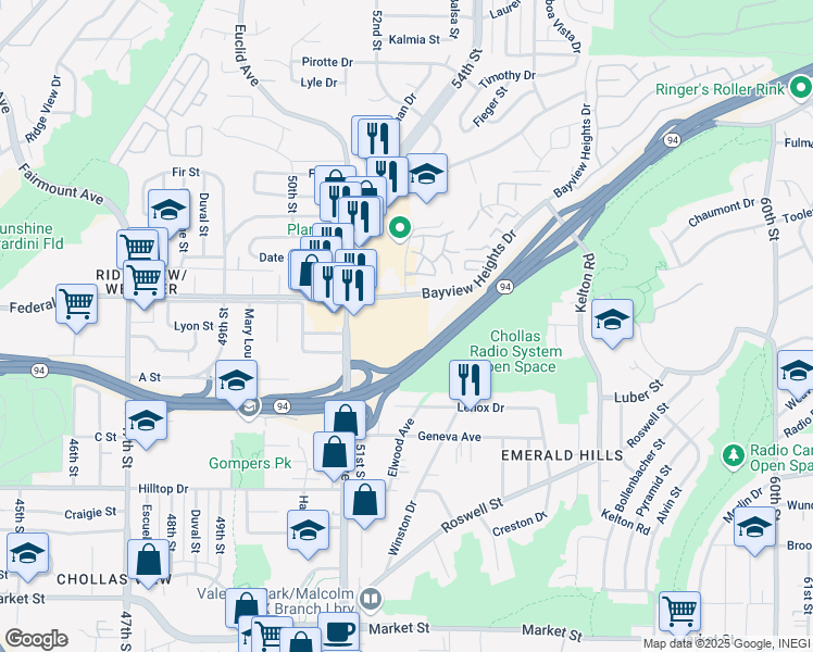 map of restaurants, bars, coffee shops, grocery stores, and more near 5159 Federal Blvd in San Diego