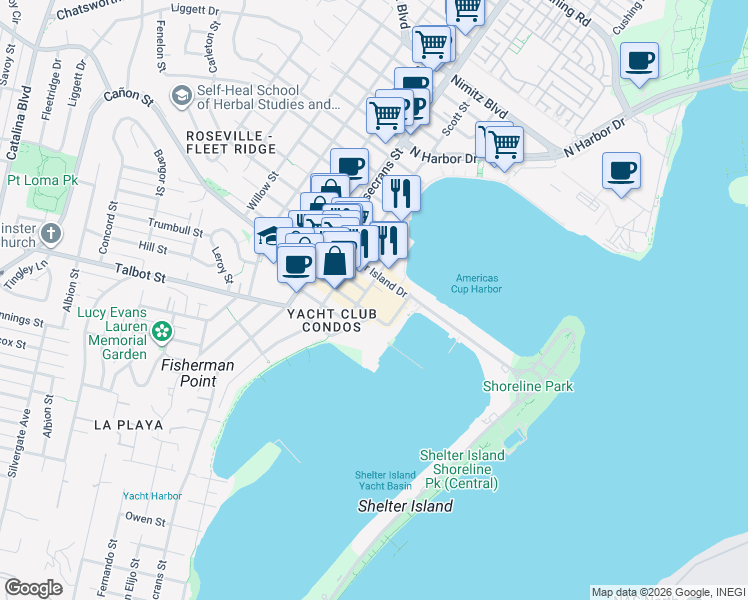 map of restaurants, bars, coffee shops, grocery stores, and more near in San Diego