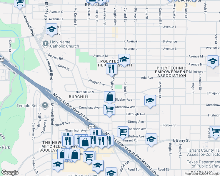 map of restaurants, bars, coffee shops, grocery stores, and more near 3029 Hanger Avenue in Fort Worth