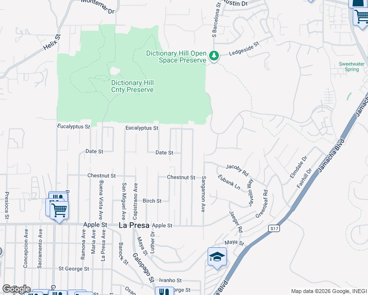map of restaurants, bars, coffee shops, grocery stores, and more near 1636 San Bernardino Avenue in Spring Valley