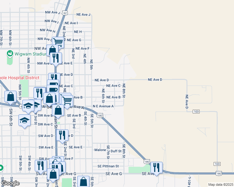 map of restaurants, bars, coffee shops, grocery stores, and more near 708 Northeast Avenue C in Seminole