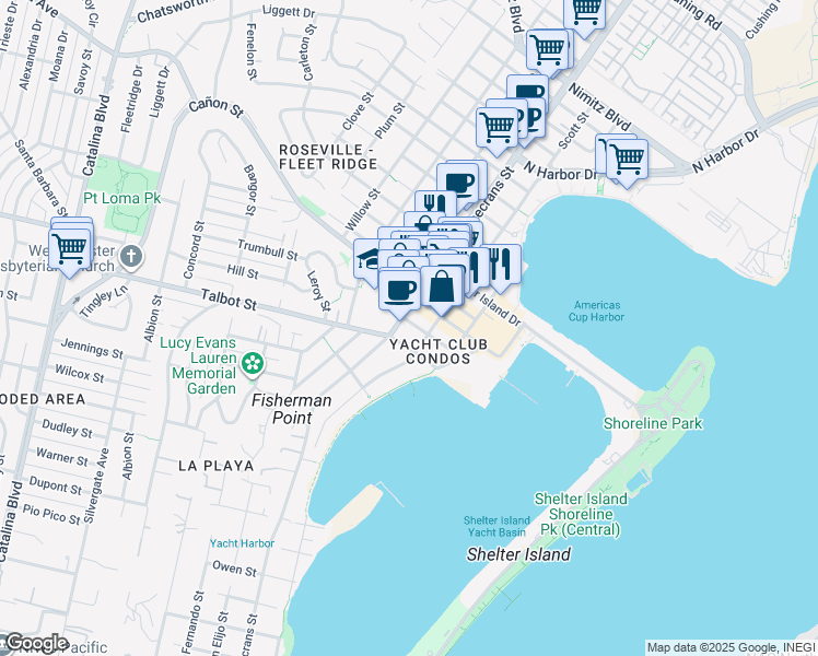 map of restaurants, bars, coffee shops, grocery stores, and more near 1050 Rosecrans Street in San Diego