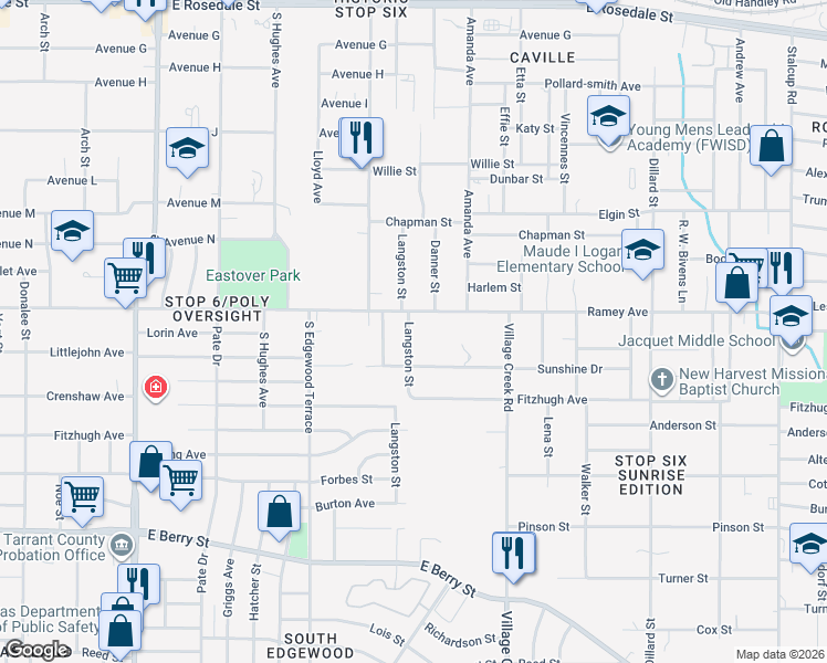 map of restaurants, bars, coffee shops, grocery stores, and more near 4724 Ramey Avenue in Fort Worth