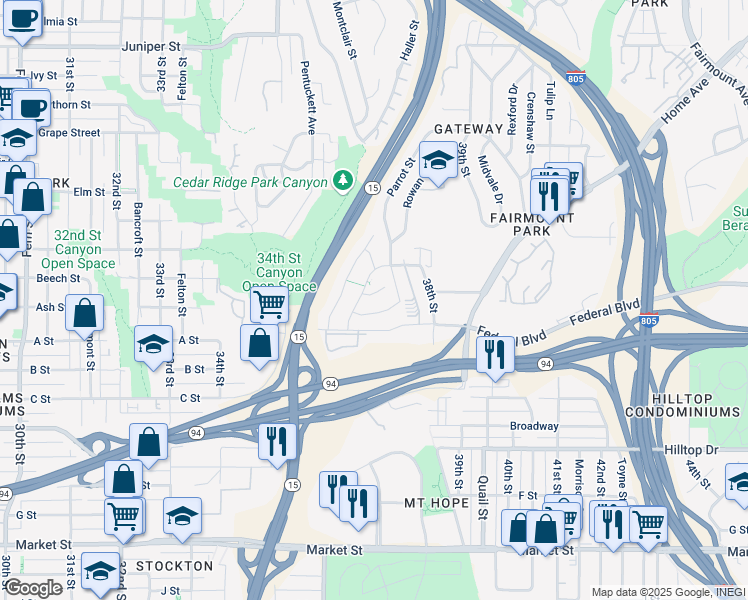 map of restaurants, bars, coffee shops, grocery stores, and more near 3660 Cactusridge Court in San Diego