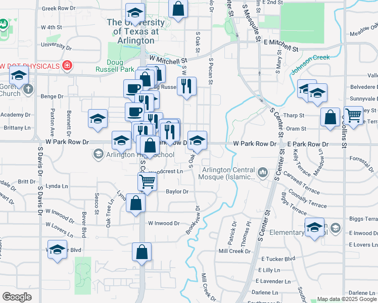 map of restaurants, bars, coffee shops, grocery stores, and more near 420 West Park Row Drive in Arlington