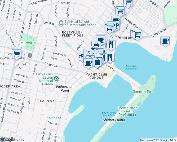 map of restaurants, bars, coffee shops, grocery stores, and more near 1017 Rosecrans Street in San Diego