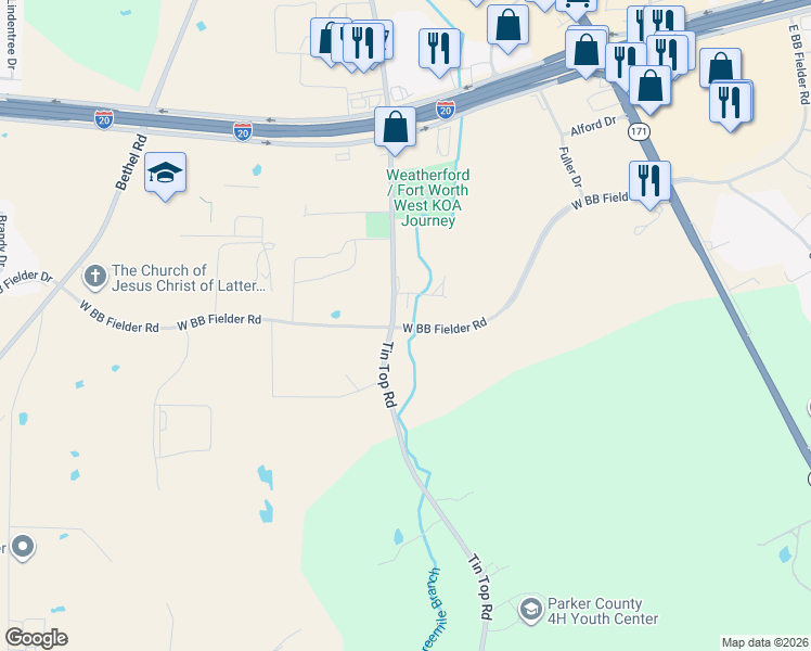 map of restaurants, bars, coffee shops, grocery stores, and more near 2345 Tin Top Road in Weatherford