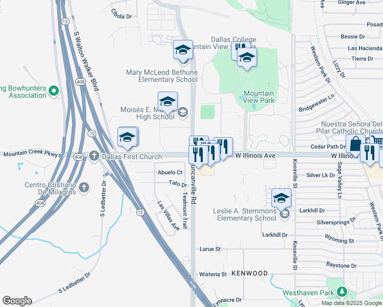 map of restaurants, bars, coffee shops, grocery stores, and more near W Illinois Ave & Duncanville Rd in Dallas
