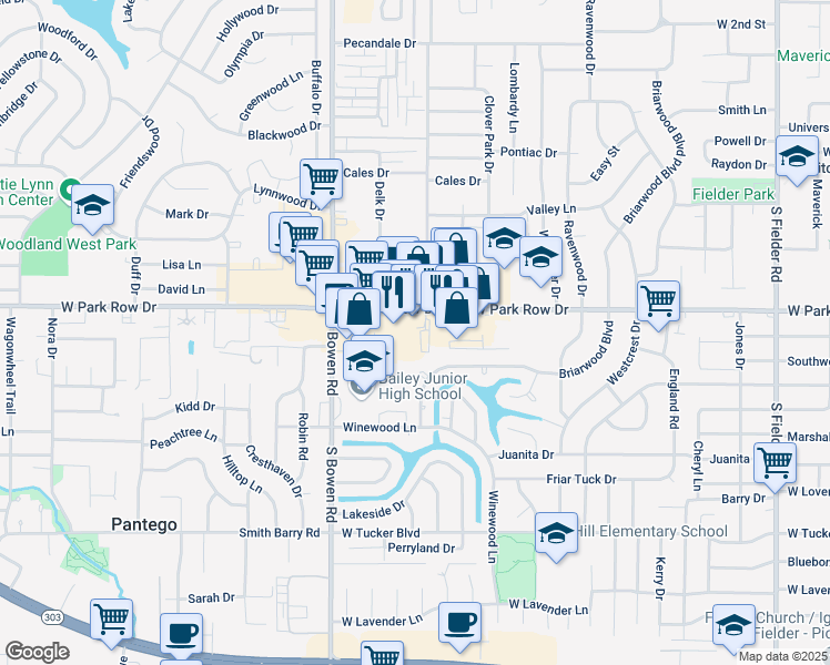 map of restaurants, bars, coffee shops, grocery stores, and more near 2309 West Park Row Drive in Pantego