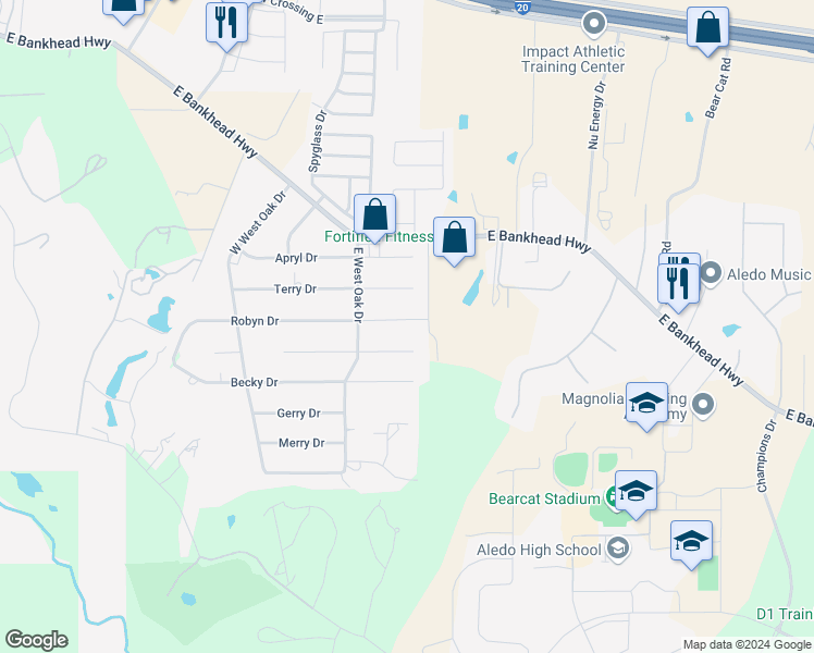 map of restaurants, bars, coffee shops, grocery stores, and more near 1421 Robyn Drive in Aledo