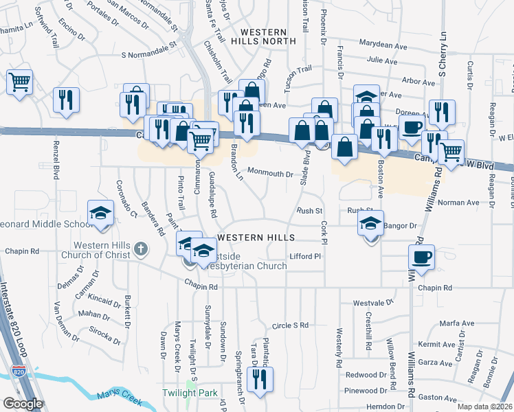 map of restaurants, bars, coffee shops, grocery stores, and more near 3528 Brandon Lane in Fort Worth