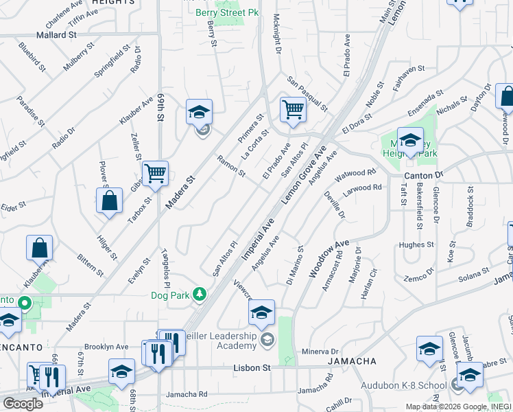 map of restaurants, bars, coffee shops, grocery stores, and more near 1635 El Prado Avenue in Lemon Grove
