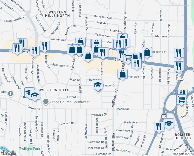 map of restaurants, bars, coffee shops, grocery stores, and more near 8108 Rush Street in Benbrook