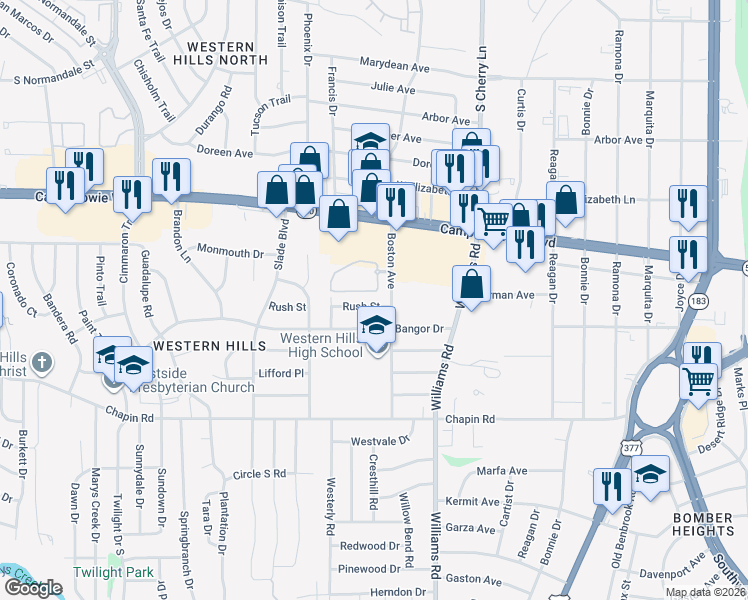 map of restaurants, bars, coffee shops, grocery stores, and more near 8108 Rush Street in Benbrook