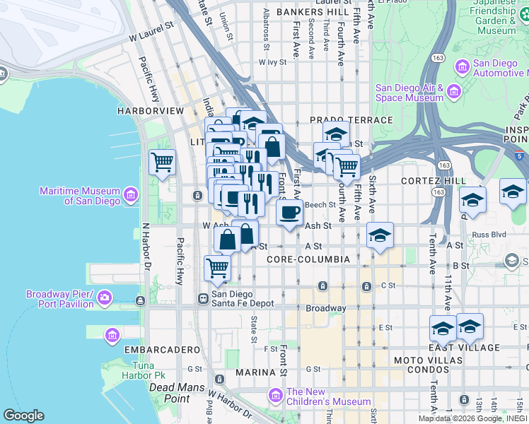 map of restaurants, bars, coffee shops, grocery stores, and more near 1494 Union Street in San Diego