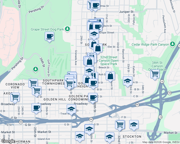 map of restaurants, bars, coffee shops, grocery stores, and more near 1436 30th Street in San Diego
