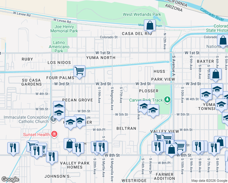 map of restaurants, bars, coffee shops, grocery stores, and more near 310 South Magnolia Avenue in Yuma