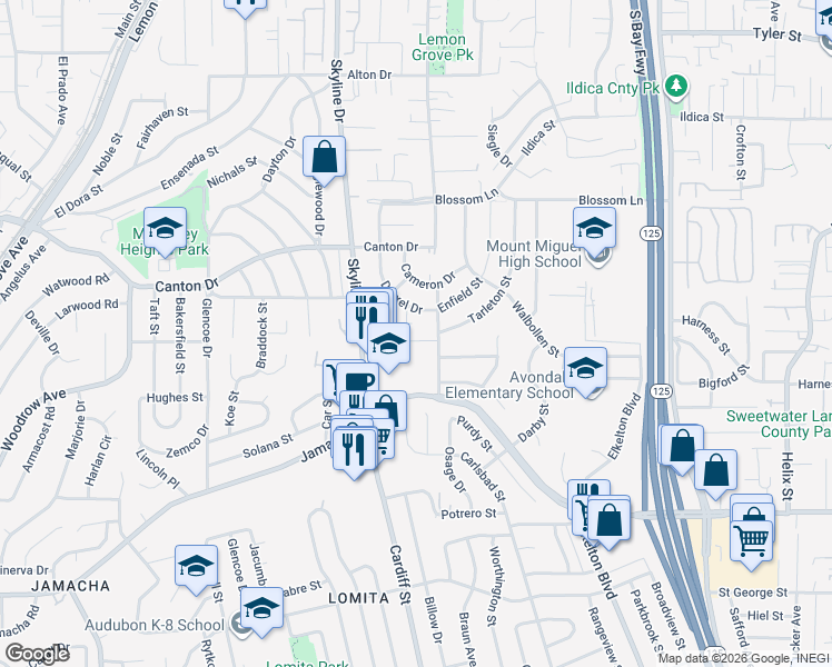 map of restaurants, bars, coffee shops, grocery stores, and more near 1530 Drexel Drive in Lemon Grove