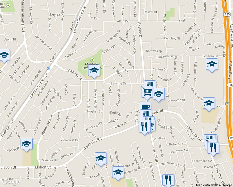 map of restaurants, bars, coffee shops, grocery stores, and more near 1424 Braddock Street in San Diego