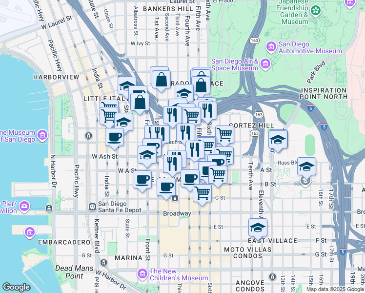 map of restaurants, bars, coffee shops, grocery stores, and more near 300 West Beech Street in San Diego