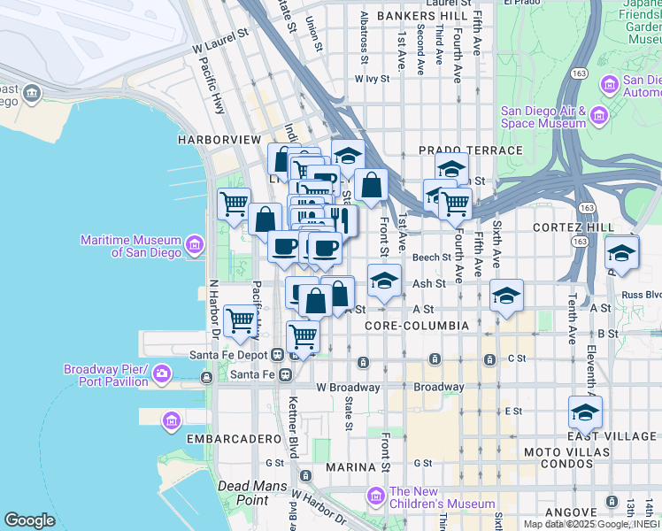 map of restaurants, bars, coffee shops, grocery stores, and more near 1445 India Street in San Diego