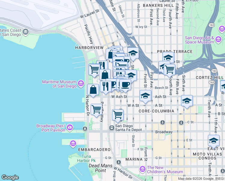 map of restaurants, bars, coffee shops, grocery stores, and more near in San Diego