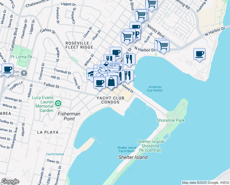 map of restaurants, bars, coffee shops, grocery stores, and more near in San Diego