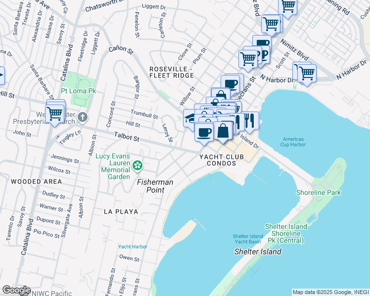 map of restaurants, bars, coffee shops, grocery stores, and more near 3120 Talbot Street in San Diego
