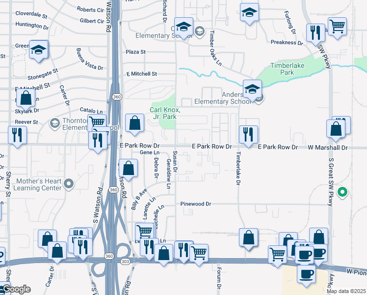 map of restaurants, bars, coffee shops, grocery stores, and more near 3011 East Park Row Drive in Arlington