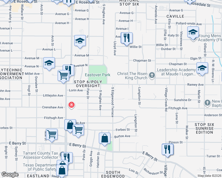 map of restaurants, bars, coffee shops, grocery stores, and more near 2421 South Hughes Avenue in Fort Worth