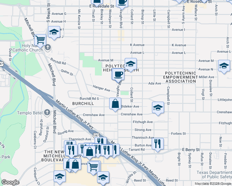 map of restaurants, bars, coffee shops, grocery stores, and more near 3029 Hanger Avenue in Fort Worth