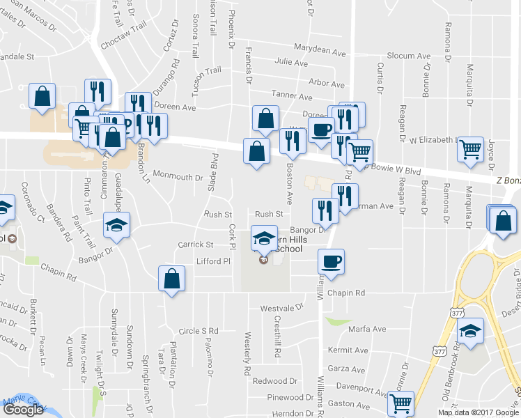 map of restaurants, bars, coffee shops, grocery stores, and more near 8124 Rush Street in Benbrook