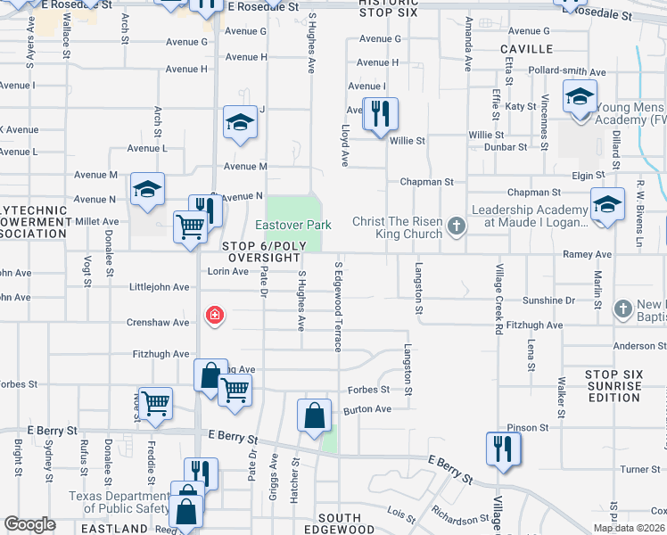 map of restaurants, bars, coffee shops, grocery stores, and more near 2421 South Hughes Avenue in Fort Worth