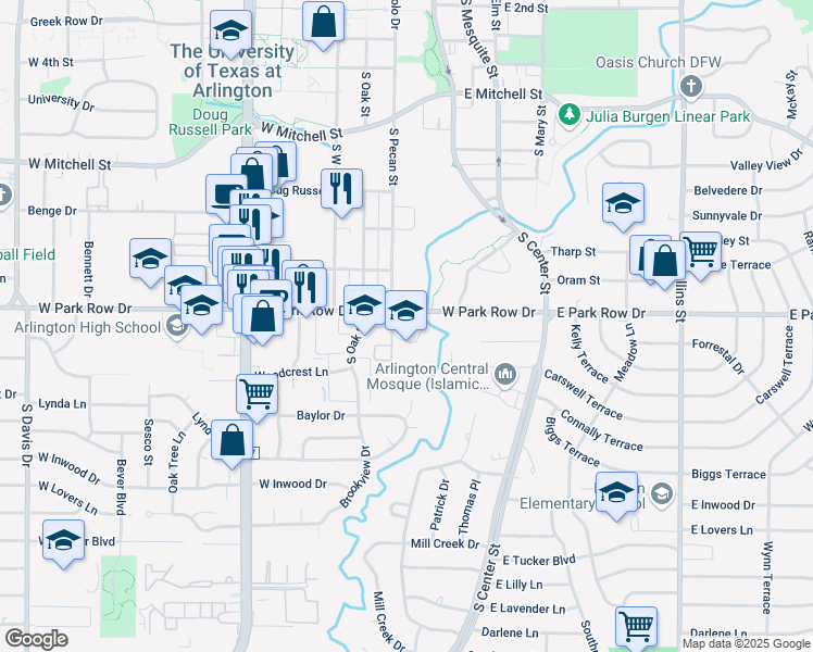 map of restaurants, bars, coffee shops, grocery stores, and more near 210 West Park Row Drive in Arlington