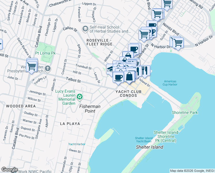 map of restaurants, bars, coffee shops, grocery stores, and more near 3120 Talbot Street in San Diego