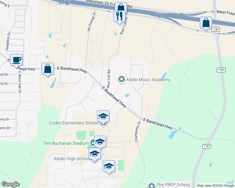 map of restaurants, bars, coffee shops, grocery stores, and more near 132 Marble Court in Aledo