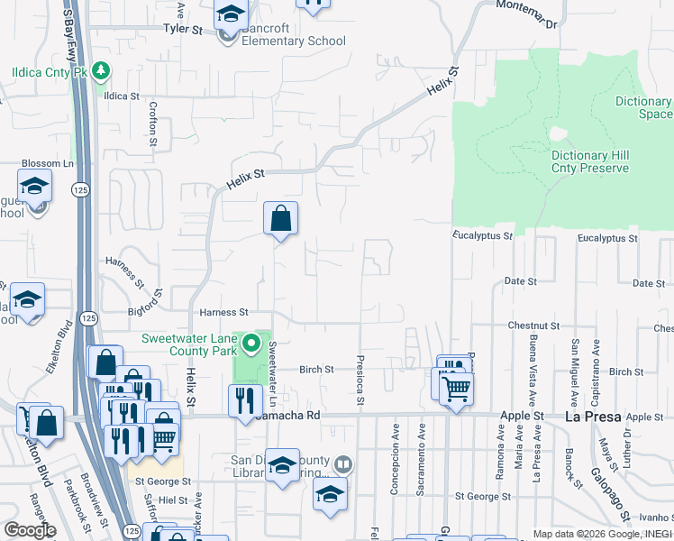 map of restaurants, bars, coffee shops, grocery stores, and more near 1725 Presioca Street in Spring Valley