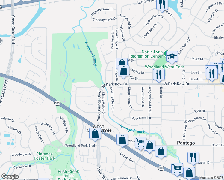 map of restaurants, bars, coffee shops, grocery stores, and more near Country Club Road in Arlington