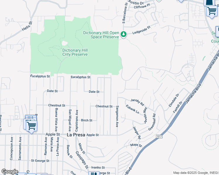 map of restaurants, bars, coffee shops, grocery stores, and more near 1622 Cuyamaca Avenue in Spring Valley