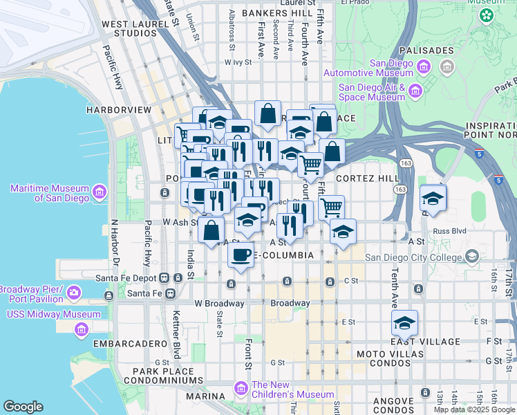 map of restaurants, bars, coffee shops, grocery stores, and more near 1456 1st Avenue in San Diego