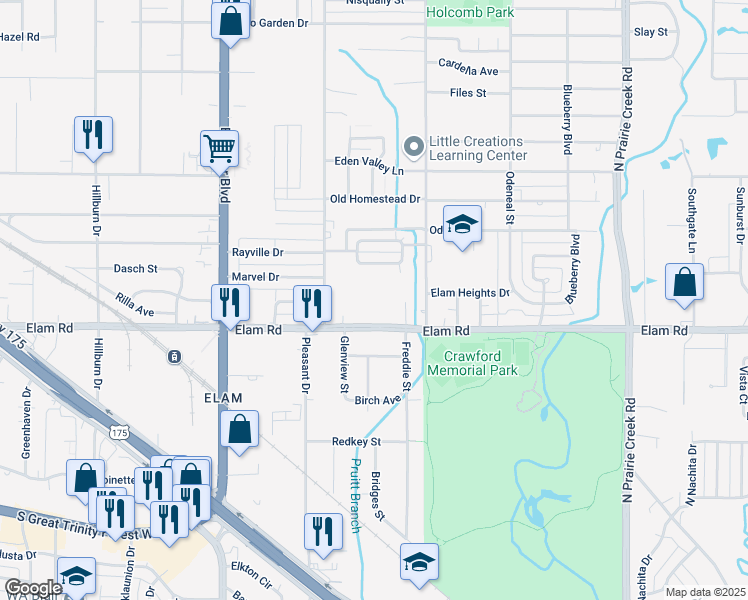 map of restaurants, bars, coffee shops, grocery stores, and more near 8441 Elam Road in Dallas