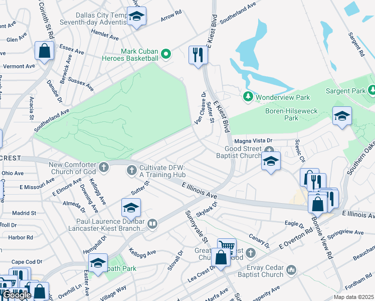 map of restaurants, bars, coffee shops, grocery stores, and more near 2247 Sutter Street in Dallas