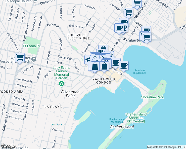 map of restaurants, bars, coffee shops, grocery stores, and more near 1018 Rosecrans Street in San Diego