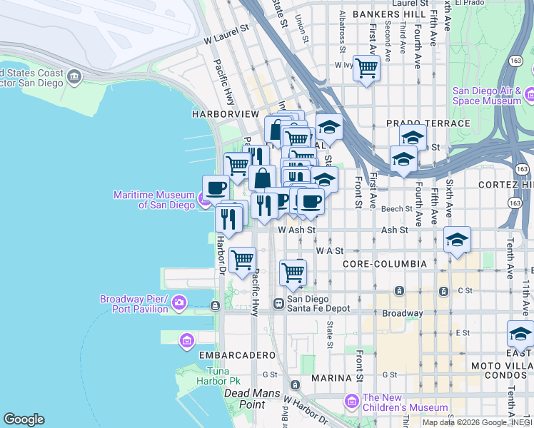 map of restaurants, bars, coffee shops, grocery stores, and more near 1531 Pacific Highway in San Diego