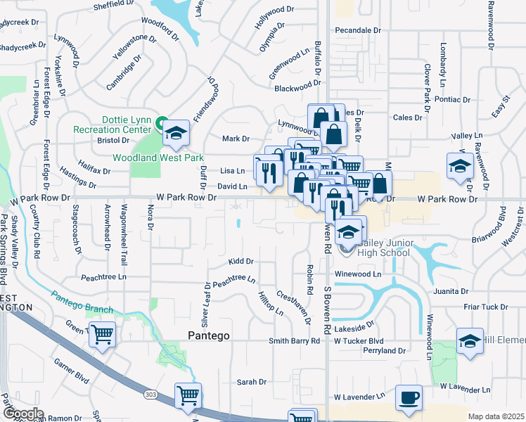 map of restaurants, bars, coffee shops, grocery stores, and more near 2650 West Park Row Drive in Pantego